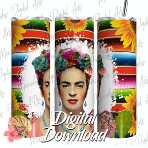 Frida Kahlo PNG-omslag. Frida PNG-omslag. Sarape Frida 20oz magere rechte tuimelaar sjabloon. Digitaal downloaden