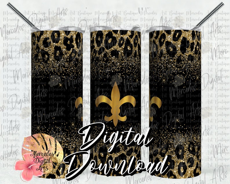 FleurDeLis Gold On Black Gold Cheetah Top Bottom 20oz skinny straight tumbler template. Digital Download image 1