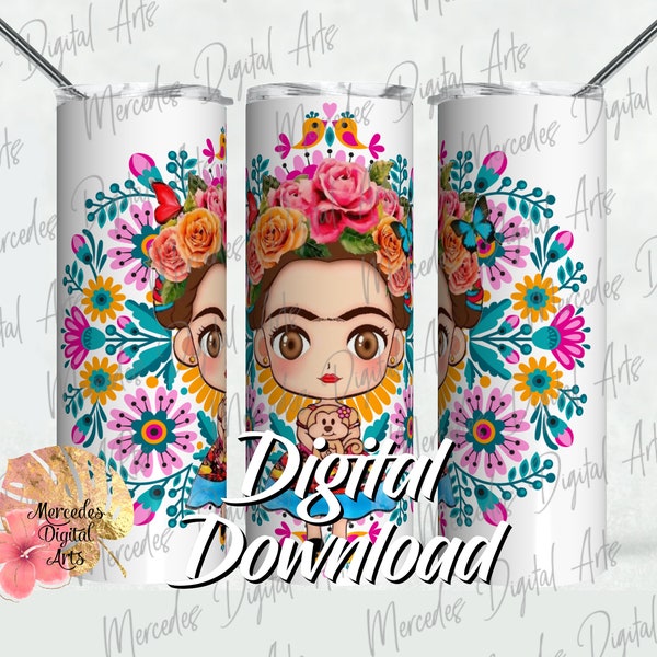 Frida Kahlo PNG Wrap. Fridita Mandala 20oz skinny straight tumbler wrap template.  Digital Download