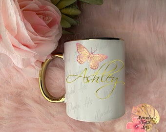 Gold and Pink Butterfly Personalized coffee mug