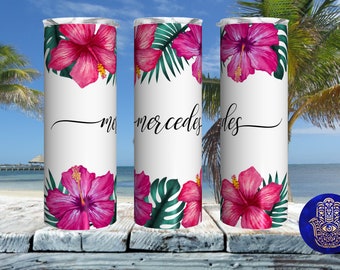 Tropical Skinny Stainless Steel Tumbler Personalized. Fake Ice Cube Topper Lid Available.