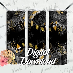 Schwarze Rosen mit Silber und Gold 20 Unzen dünner gerader Becher Vorlage. Digitaler Download