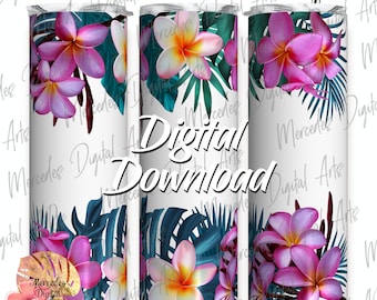 Pink Plumeria Tropical 20oz skinny straight tumbler template.  Digital Download