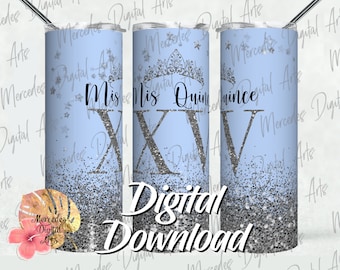 Plantilla de vaso recto delgado de 20 oz con purpurina plateada sobre azul claro de 15 cumpleaños de Mis Quince. XV 15 Quinceaños, Quinceañera png