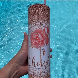 Flamingo Glitter Skinny Stainless Steel Tumbler Personalized