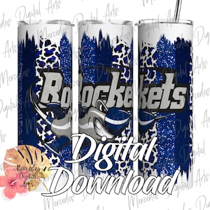 Rockets Blue Glitter Brushstrokes 20 oz skinny straight tumbler template.  Digital Download