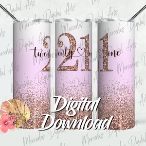 twenty-first 21 18 Birthday Glitter On Marble  20 oz skinny straight tumbler template.  Digital Download