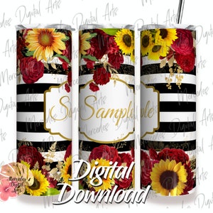Sunflowers And Roses With Stripes And Label 20oz skinny straight tumbler template.  Digital Download