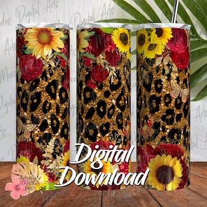 Sonnenblumen Glam Glitter Cheetah 20 Unzen dünne gerade Becher Vorlage. Digitaler Download