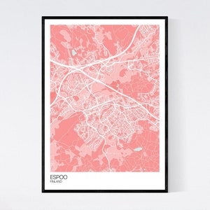 Espoo, Finland Map Art Print Many Colours 350gsm Art Quality Paper Fast Delivery Wall Art // Vintage // Retro // Minimal Pink/Light Blue