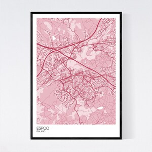 Espoo, Finland Map Art Print Many Colours 350gsm Art Quality Paper Fast Delivery Wall Art // Vintage // Retro // Minimal Pastel Red