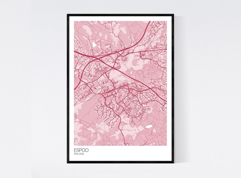 Espoo, Finland Map Art Print Many Colours 350gsm Art Quality Paper Fast Delivery Wall Art // Vintage // Retro // Minimal Pastel Red