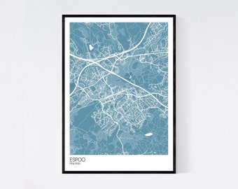 Espoo, Finland Map Art Print - Many Colours - 350gsm Art Quality Paper - Fast Delivery - Wall Art // Vintage // Retro // Minimal