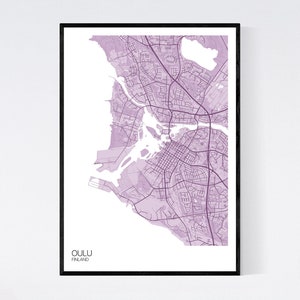 Oulu, Finland Map Art Print Many Colours 350gsm Art Quality Paper Fast Delivery Wall Art // Vintage // Retro // Minimal Pastel Purple