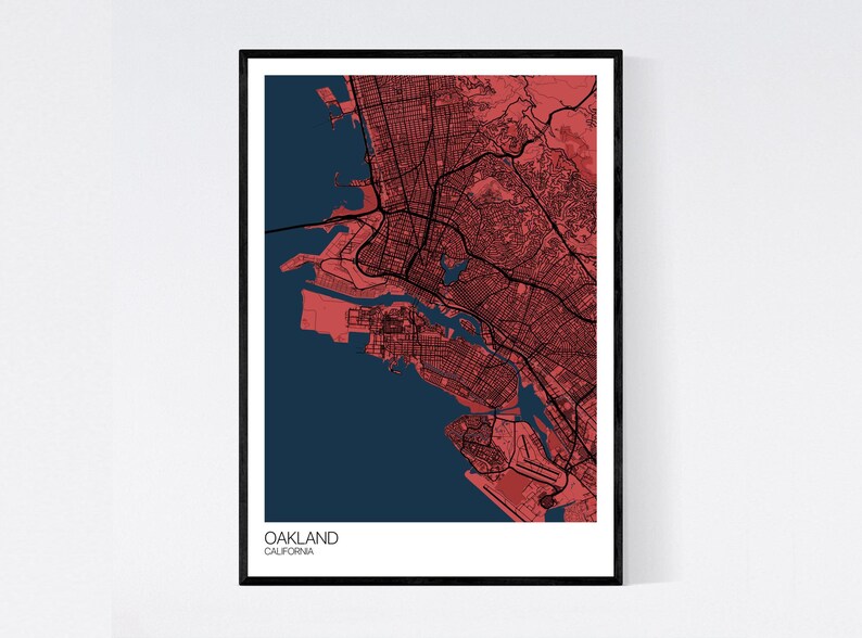 Oakland Kalifornien Karte Viele Farben gedruckt auf Kunst Red/Blue