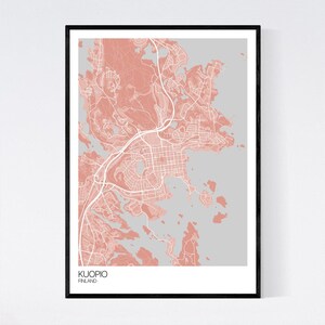 Kuopio, Finland Map Art Print Many Colours 350gsm Art Quality Paper Fast Delivery Wall Art // Vintage // Retro // Minimal Light Red/Grey