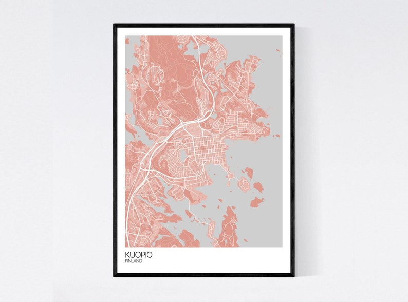 Kuopio, Finland Map Art Print Many Colours 350gsm Art Quality Paper Fast Delivery Wall Art // Vintage // Retro // Minimal Light Red/Grey