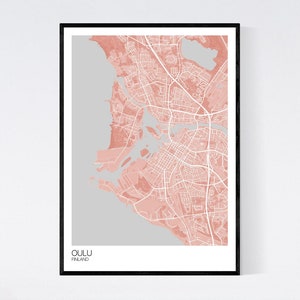 Oulu, Finland Map Art Print Many Colours 350gsm Art Quality Paper Fast Delivery Wall Art // Vintage // Retro // Minimal Light Red/Grey
