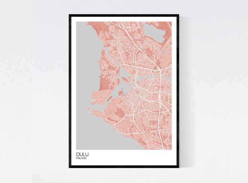 Oulu, Finland Map Art Print Many Colours 350gsm Art Quality Paper Fast Delivery Wall Art // Vintage // Retro // Minimal Light Red/Grey