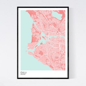 Oulu, Finland Map Art Print Many Colours 350gsm Art Quality Paper Fast Delivery Wall Art // Vintage // Retro // Minimal Pink/Light Blue