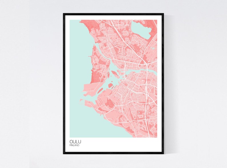 Oulu, Finland Map Art Print Many Colours 350gsm Art Quality Paper Fast Delivery Wall Art // Vintage // Retro // Minimal Pink/Light Blue