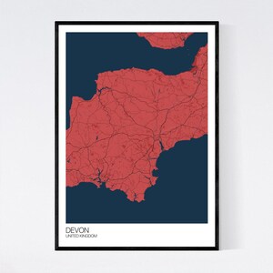 Devon, England Map Art Print Many Styles 350gsm Art Quality Paper Fast Delivery Scandi // Vintage // Retro // Minimal Red/Blue