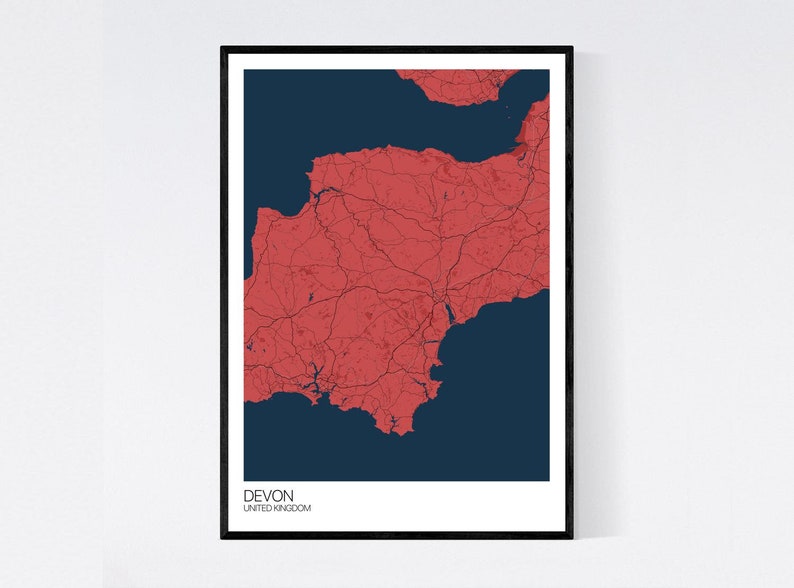 Devon, England Map Art Print Many Styles 350gsm Art Quality Paper Fast Delivery Scandi // Vintage // Retro // Minimal Red/Blue