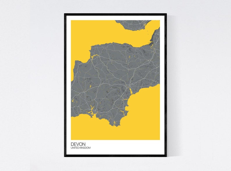 Devon, England Map Art Print Many Styles 350gsm Art Quality Paper Fast Delivery Scandi // Vintage // Retro // Minimal Grey/Yellow