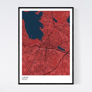 Lahti, Finland Map Art Print Many Colours 350gsm Art Quality Paper Fast Delivery Wall Art // Vintage // Retro // Minimal Red/Blue