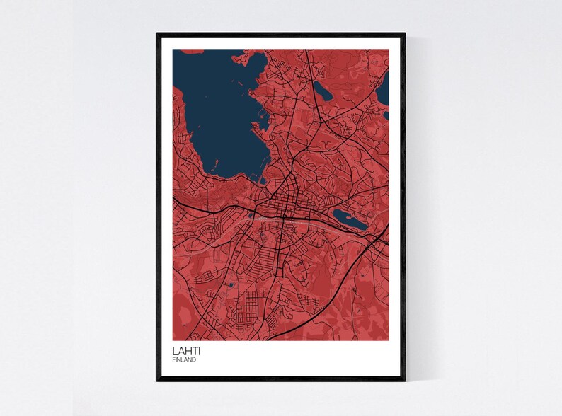 Lahti, Finland Map Art Print Many Colours 350gsm Art Quality Paper Fast Delivery Wall Art // Vintage // Retro // Minimal Red/Blue