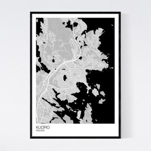 Kuopio, Finland Map Art Print Many Colours 350gsm Art Quality Paper Fast Delivery Wall Art // Vintage // Retro // Minimal Grey/Black