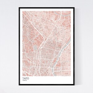 Taito, Tokyo Map Print Many Colours Fast Delivery Scandi // Vintage // Retro // Poster Printed on Art Quality Paper Light Red/Grey