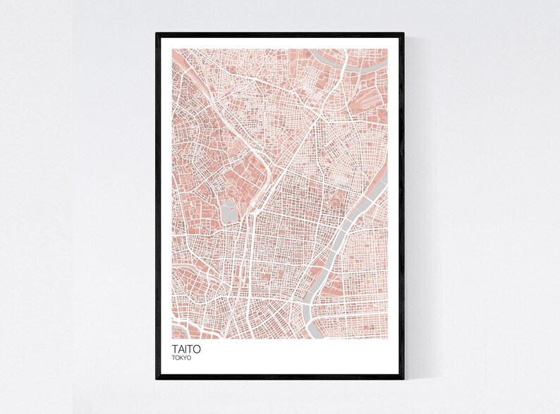 Taito, Tokyo Map Print Many Colours Fast Delivery Scandi // Vintage // Retro // Poster Printed on Art Quality Paper Light Red/Grey