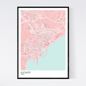 Alicante, Spain Map Art Print Many Colours 350gsm Art Quality Paper Fast Delivery Scandi ...