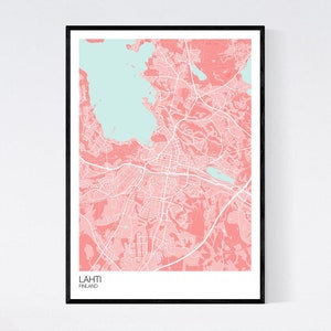Lahti, Finland Map Art Print Many Colours 350gsm Art Quality Paper Fast Delivery Wall Art // Vintage // Retro // Minimal Pink/Light Blue