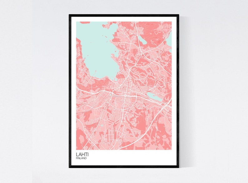 Lahti, Finland Map Art Print Many Colours 350gsm Art Quality Paper Fast Delivery Wall Art // Vintage // Retro // Minimal Pink/Light Blue