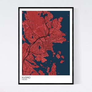 Kuopio, Finland Map Art Print Many Colours 350gsm Art Quality Paper Fast Delivery Wall Art // Vintage // Retro // Minimal Red/Blue