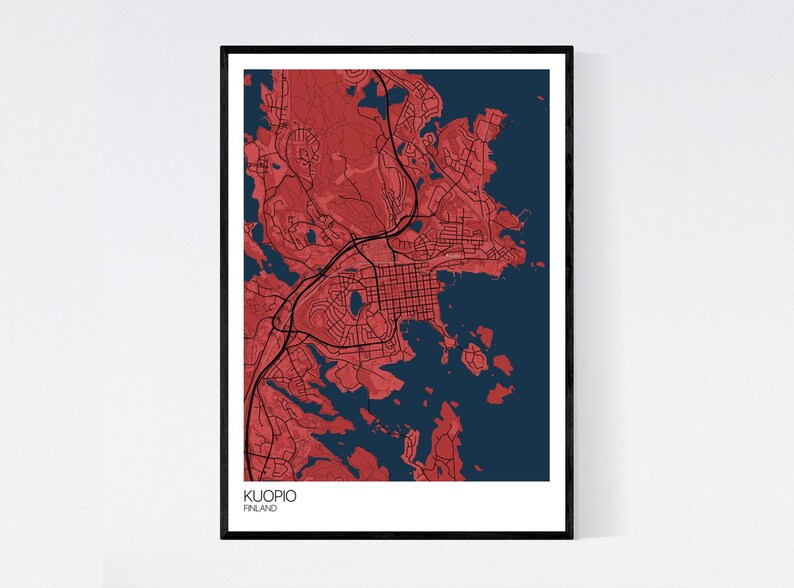 Kuopio, Finland Map Art Print Many Colours 350gsm Art Quality Paper Fast Delivery Wall Art // Vintage // Retro // Minimal Red/Blue