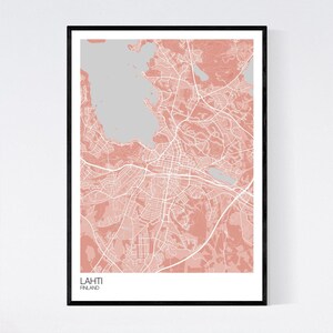 Lahti, Finland Map Art Print Many Colours 350gsm Art Quality Paper Fast Delivery Wall Art // Vintage // Retro // Minimal Light Red/Grey