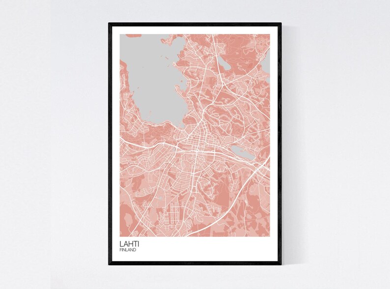 Lahti, Finland Map Art Print Many Colours 350gsm Art Quality Paper Fast Delivery Wall Art // Vintage // Retro // Minimal Light Red/Grey