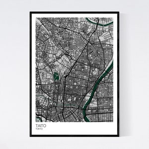 Taito, Tokyo Map Print Many Colours Fast Delivery Scandi // Vintage // Retro // Poster Printed on Art Quality Paper Grey/Green