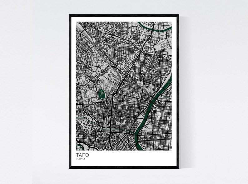 Taito, Tokyo Map Print Many Colours Fast Delivery Scandi // Vintage // Retro // Poster Printed on Art Quality Paper Grey/Green