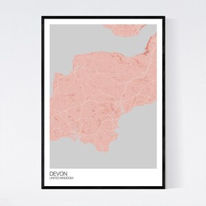 Devon, England Map Art Print Many Styles 350gsm Art Quality Paper Fast Delivery Scandi // Vintage // Retro // Minimal Light Red/Grey