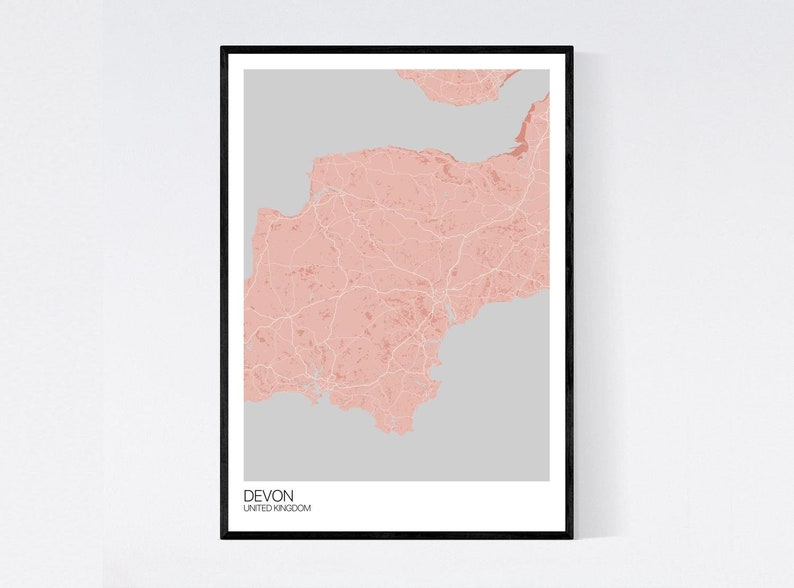 Devon, England Map Art Print Many Styles 350gsm Art Quality Paper Fast Delivery Scandi // Vintage // Retro // Minimal Light Red/Grey