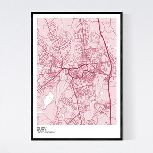 Bury, United Kingdom Map Print Many Colours Fast Delivery // Retro ...