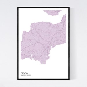 Devon, England Map Art Print Many Styles 350gsm Art Quality Paper Fast Delivery Scandi // Vintage // Retro // Minimal Pastel Purple