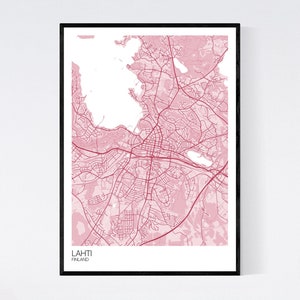 Lahti, Finland Map Art Print Many Colours 350gsm Art Quality Paper Fast Delivery Wall Art // Vintage // Retro // Minimal Pastel Red