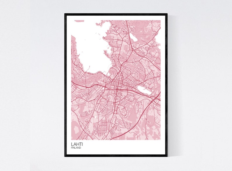 Lahti, Finland Map Art Print Many Colours 350gsm Art Quality Paper Fast Delivery Wall Art // Vintage // Retro // Minimal Pastel Red