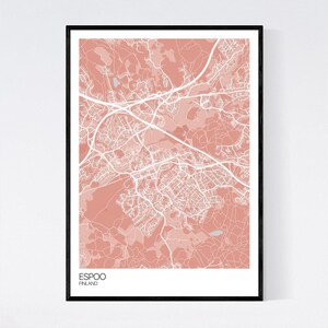 Espoo, Finland Map Art Print Many Colours 350gsm Art Quality Paper Fast Delivery Wall Art // Vintage // Retro // Minimal Light Red/Grey