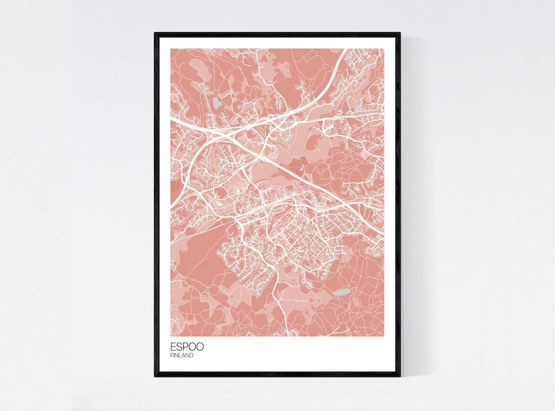 Espoo, Finland Map Art Print Many Colours 350gsm Art Quality Paper Fast Delivery Wall Art // Vintage // Retro // Minimal Light Red/Grey